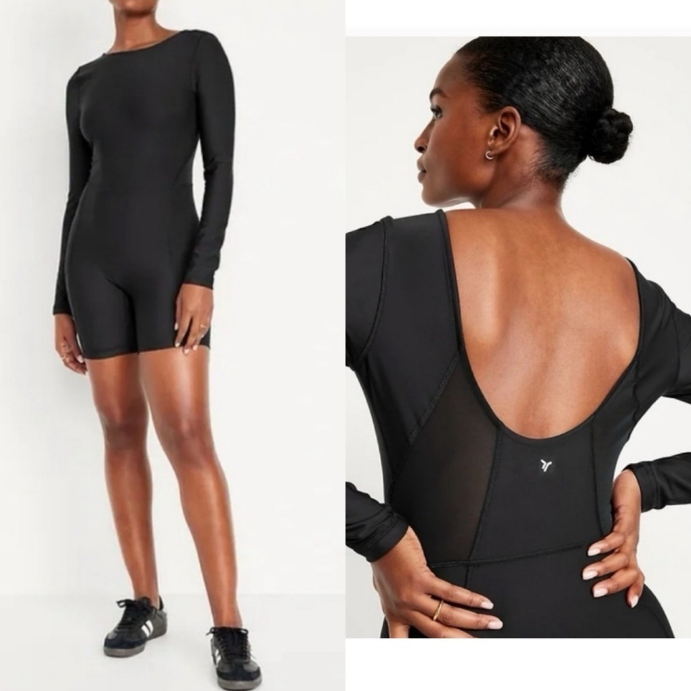 Old Navy Active PowerSoft Long-Sleeve Bodysuit Black Mesh Panels Size Medium
